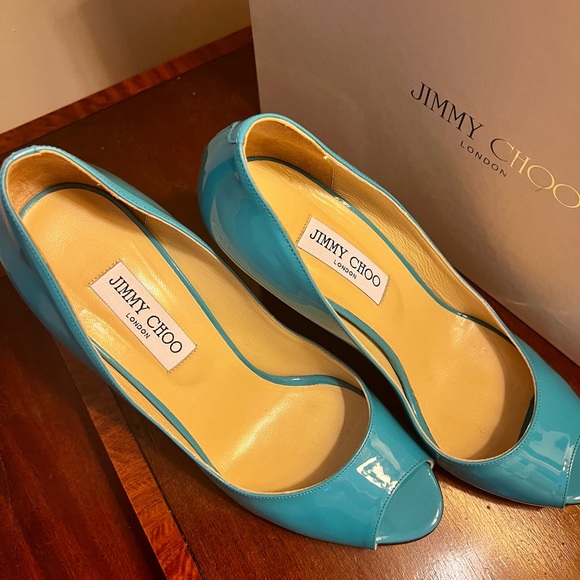 Jimmy Choo Turquoise Baxen Peep Toe Wedge Pump - Picture 4 of 9